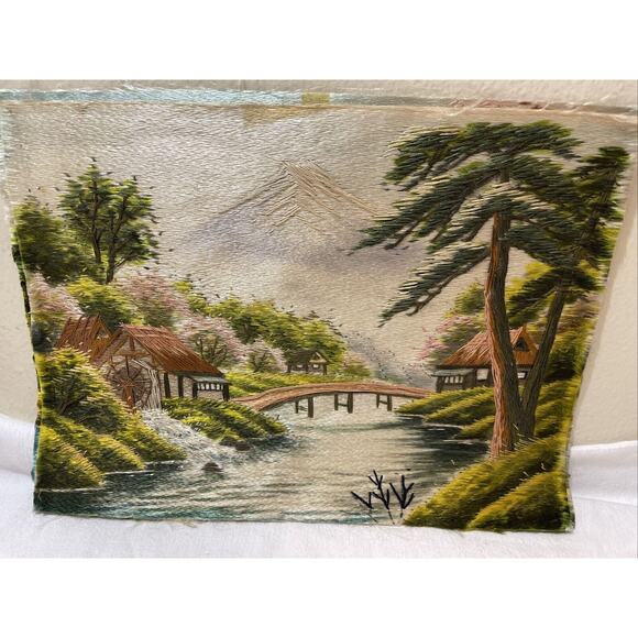 2 ANTIQUE CHINESE EXPORT Silk FABRIC PICTURES Needlepoint LANDSCAPE SCENE - Picture 4 of 4
